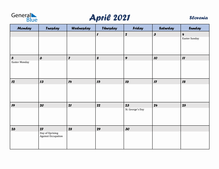 April 2021 Calendar with Holidays in Slovenia