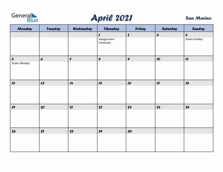 April 2021 Calendar with Holidays in San Marino