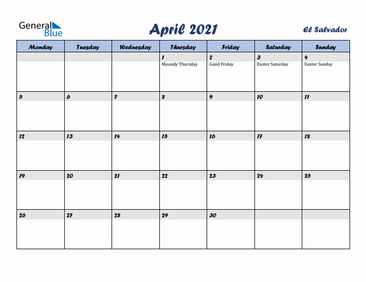April 2021 Calendar with Holidays in El Salvador