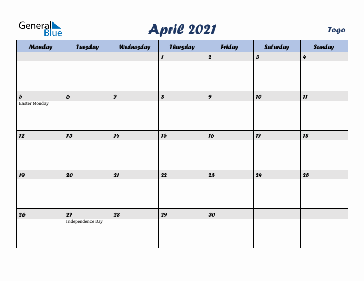 April 2021 Calendar with Holidays in Togo