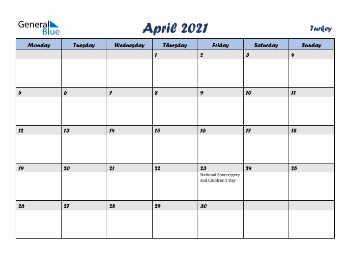 April 2021 Calendar with Holidays in Turkey