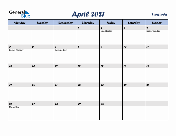 April 2021 Calendar with Holidays in Tanzania