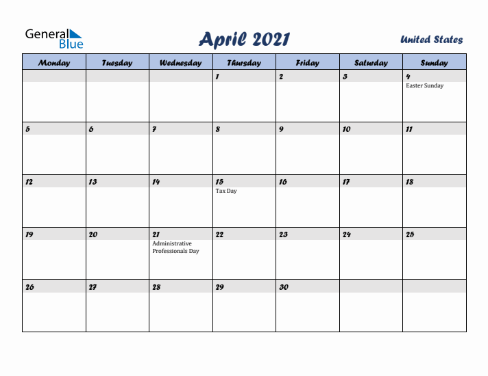 April 2021 Calendar with Holidays in United States