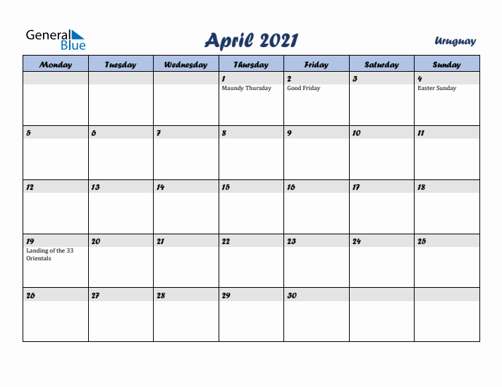 April 2021 Calendar with Holidays in Uruguay