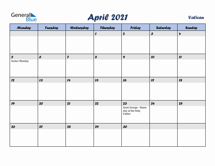 April 2021 Calendar with Holidays in Vatican