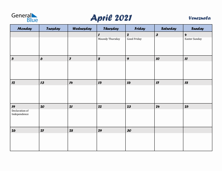 April 2021 Calendar with Holidays in Venezuela