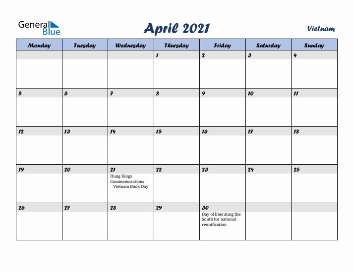 April 2021 Calendar with Holidays in Vietnam