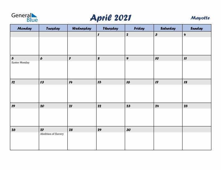 April 2021 Calendar with Holidays in Mayotte