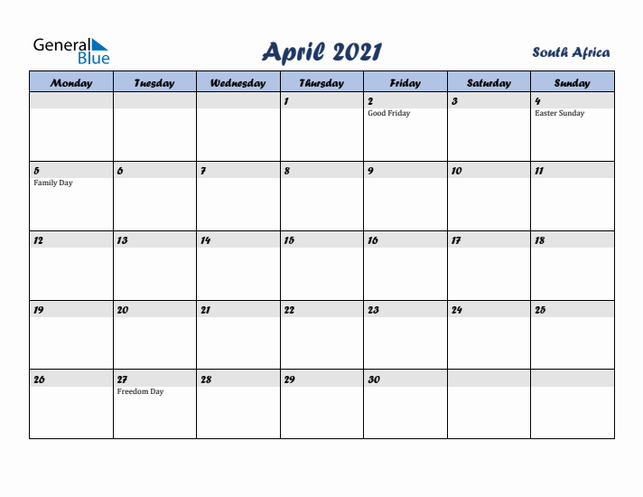 April 2021 Calendar with Holidays in South Africa