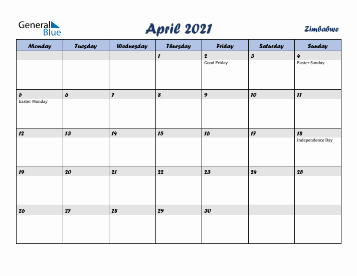 April 2021 Calendar with Holidays in Zimbabwe