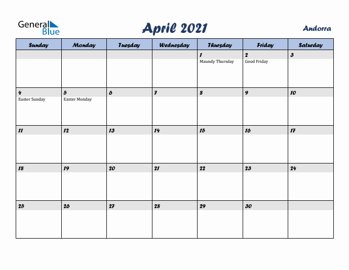 April 2021 Calendar with Holidays in Andorra