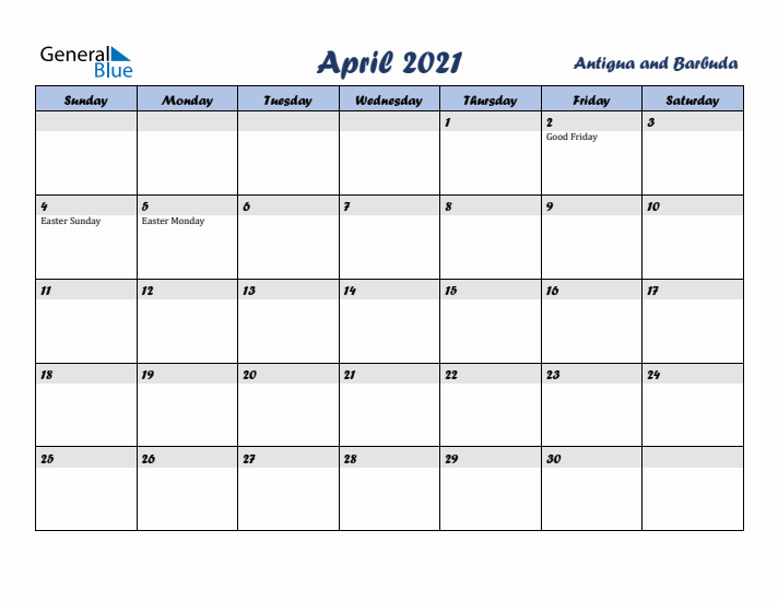 April 2021 Calendar with Holidays in Antigua and Barbuda