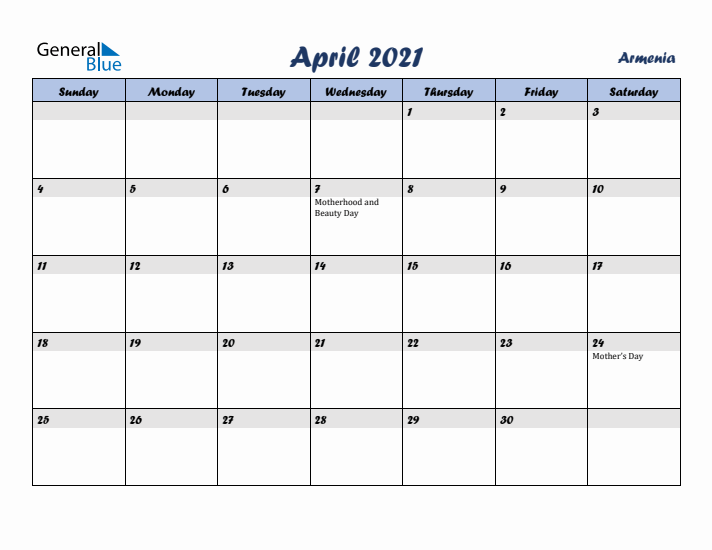 April 2021 Calendar with Holidays in Armenia