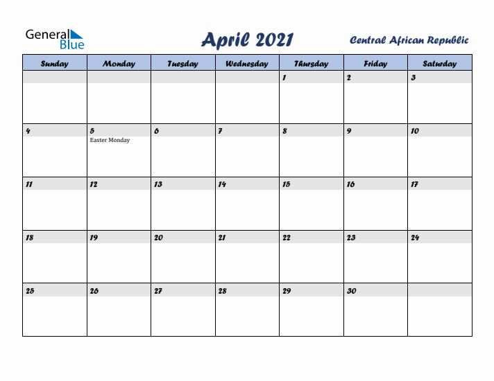 April 2021 Calendar with Holidays in Central African Republic