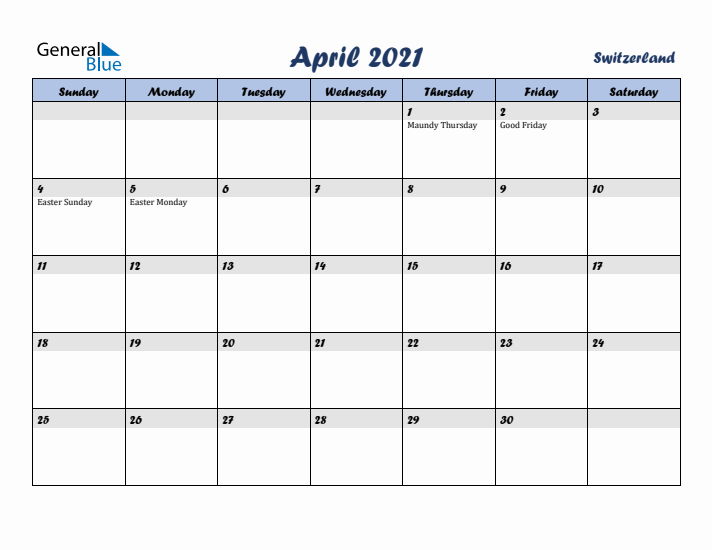 April 2021 Calendar with Holidays in Switzerland