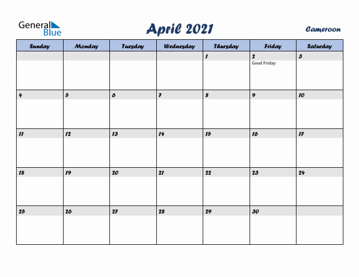 April 2021 Calendar with Holidays in Cameroon
