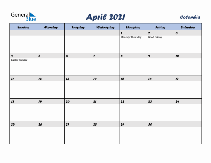 April 2021 Calendar with Holidays in Colombia