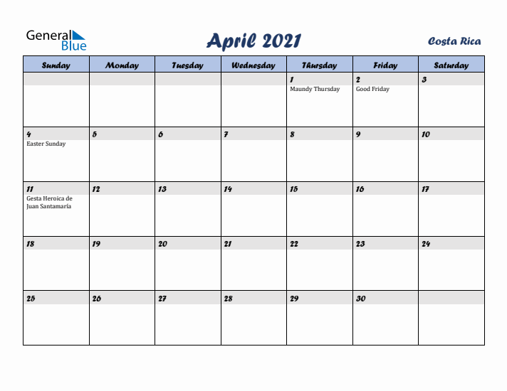 April 2021 Calendar with Holidays in Costa Rica