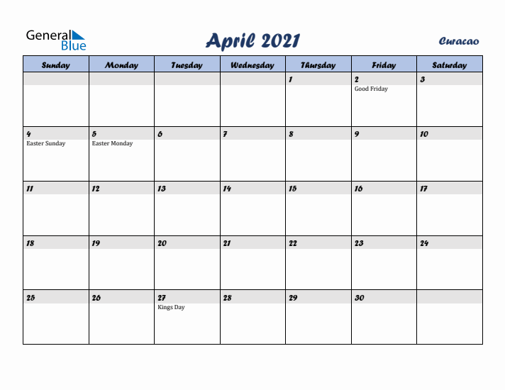 April 2021 Calendar with Holidays in Curacao