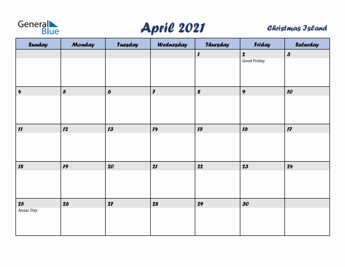 April 2021 Calendar with Holidays in Christmas Island
