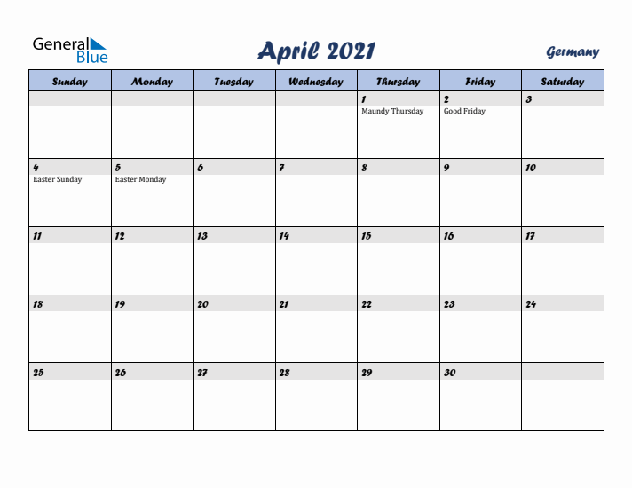April 2021 Calendar with Holidays in Germany