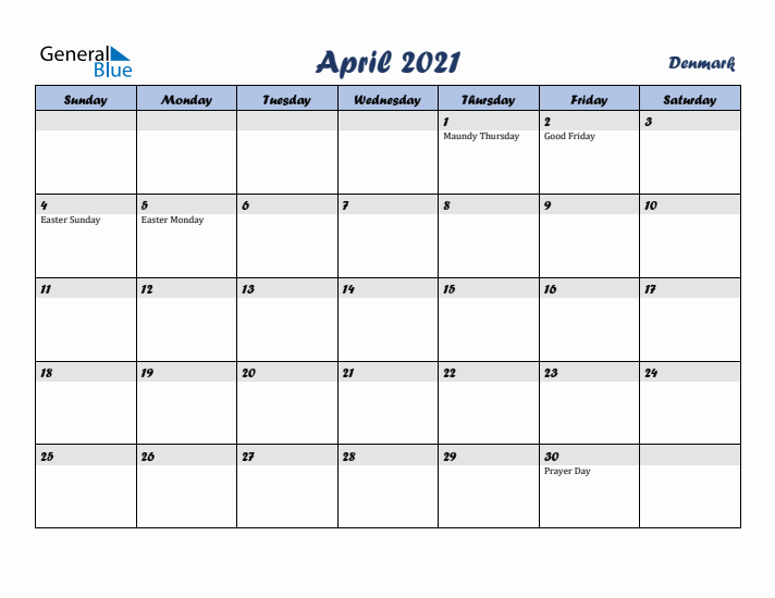 April 2021 Calendar with Holidays in Denmark