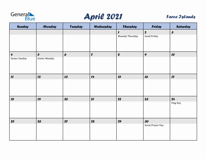 April 2021 Calendar with Holidays in Faroe Islands