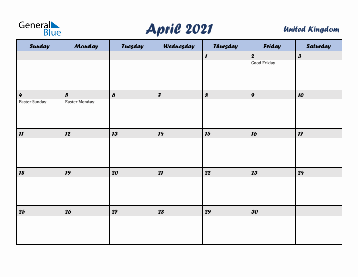 April 2021 Calendar with Holidays in United Kingdom