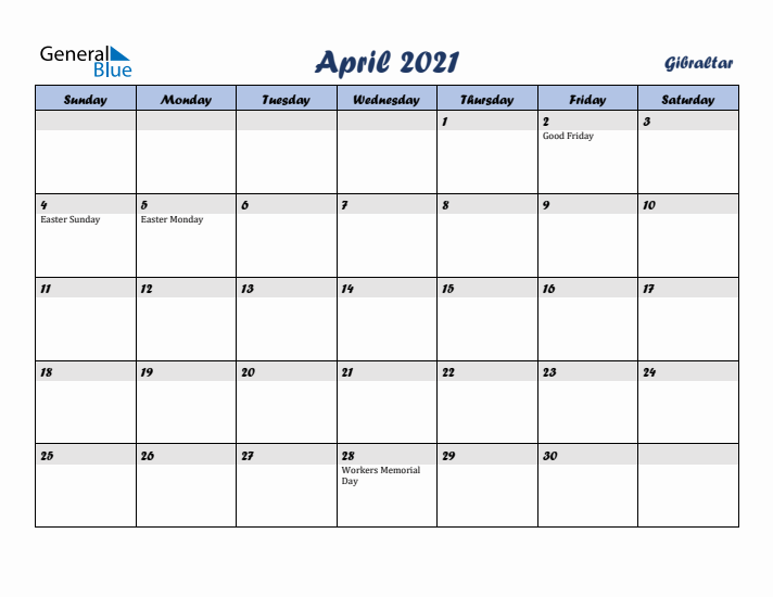 April 2021 Calendar with Holidays in Gibraltar