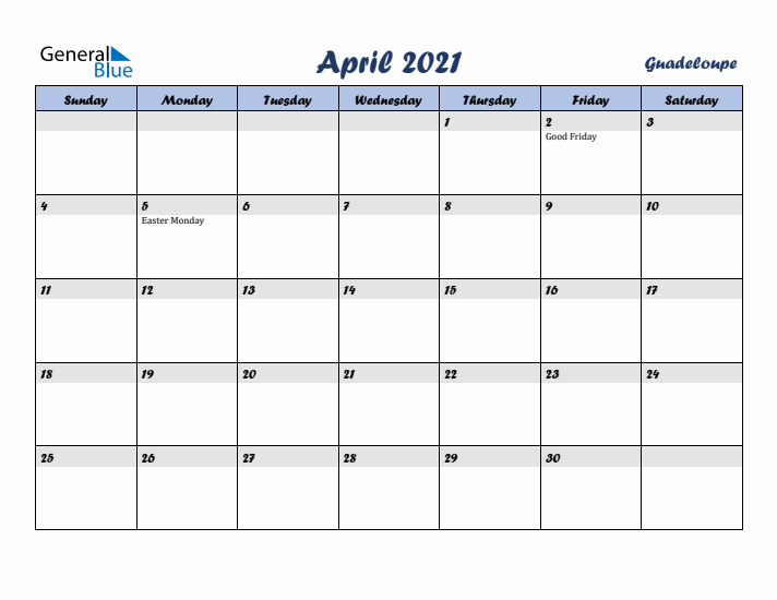 April 2021 Calendar with Holidays in Guadeloupe