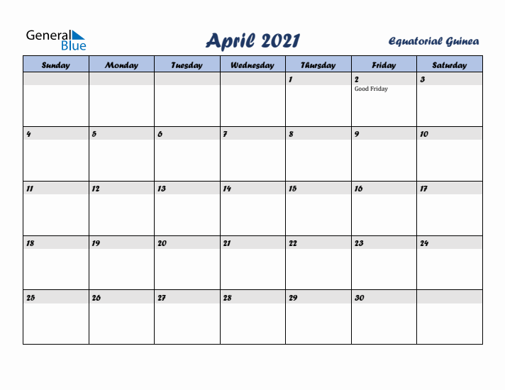 April 2021 Calendar with Holidays in Equatorial Guinea