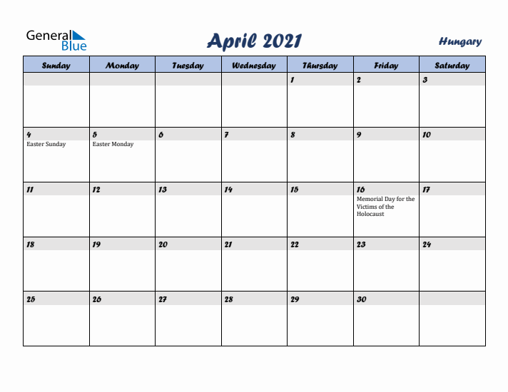 April 2021 Calendar with Holidays in Hungary