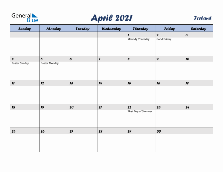 April 2021 Calendar with Holidays in Iceland
