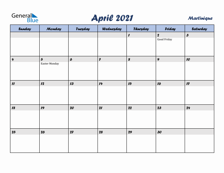 April 2021 Calendar with Holidays in Martinique