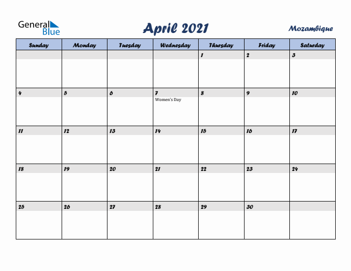 April 2021 Calendar with Holidays in Mozambique
