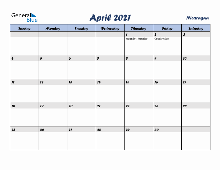 April 2021 Calendar with Holidays in Nicaragua