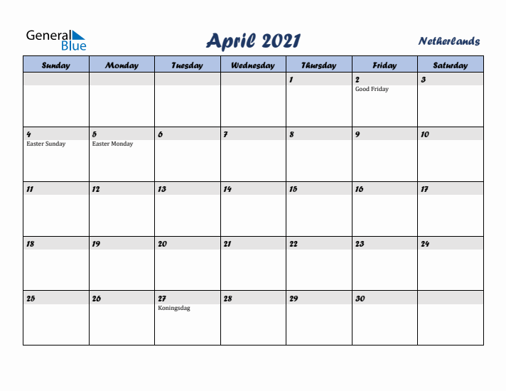 April 2021 Calendar with Holidays in The Netherlands