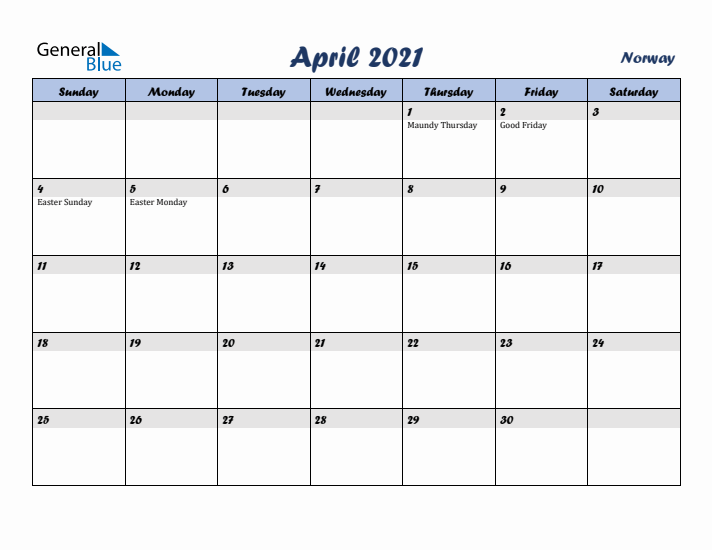 April 2021 Calendar with Holidays in Norway