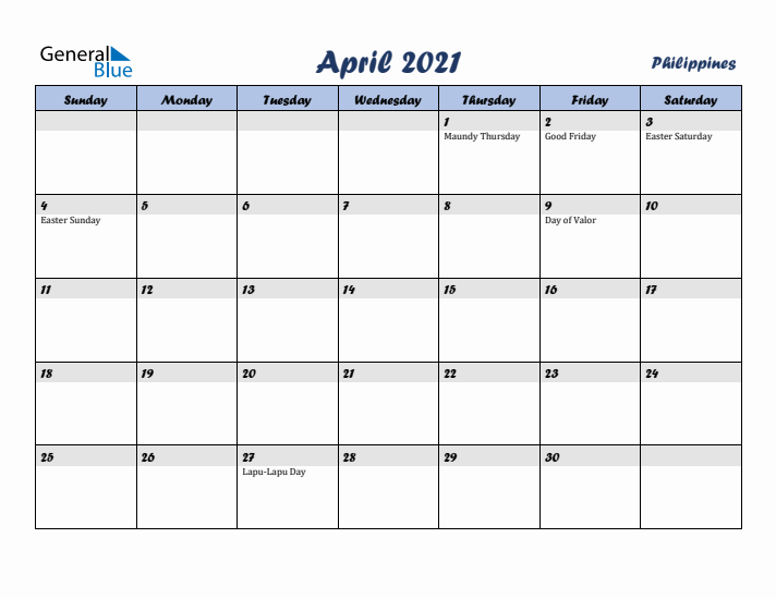 April 2021 Calendar with Holidays in Philippines