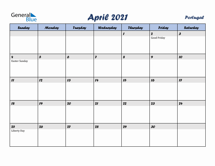April 2021 Calendar with Holidays in Portugal