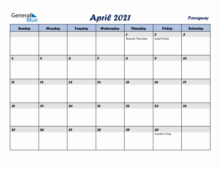 April 2021 Calendar with Holidays in Paraguay