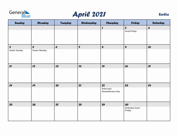 April 2021 Calendar with Holidays in Serbia