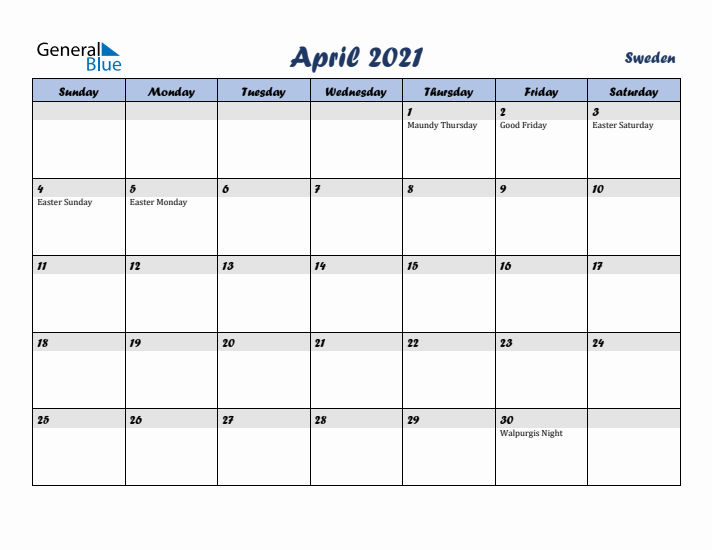 April 2021 Calendar with Holidays in Sweden
