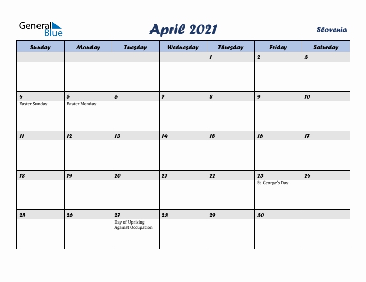 April 2021 Calendar with Holidays in Slovenia