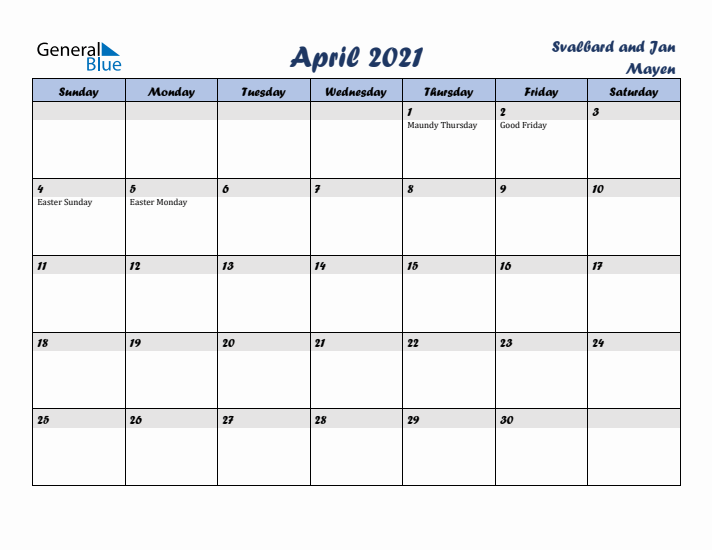 April 2021 Calendar with Holidays in Svalbard and Jan Mayen