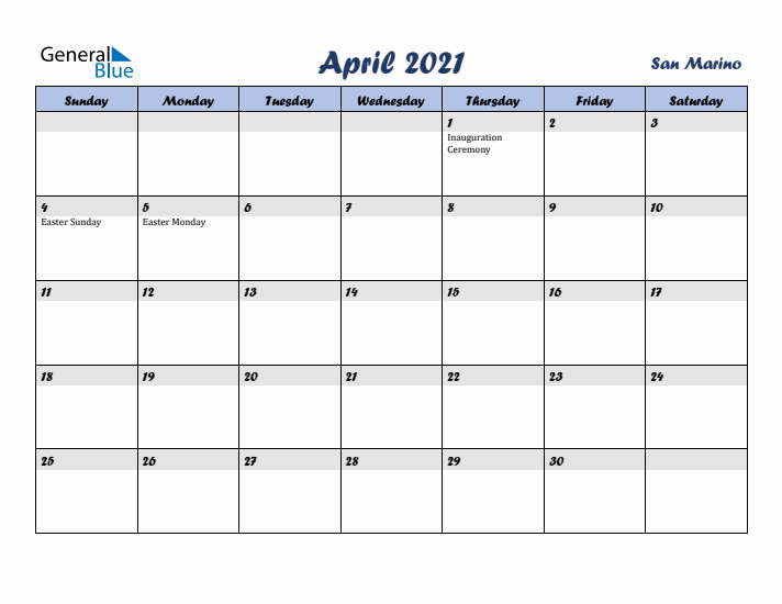 April 2021 Calendar with Holidays in San Marino