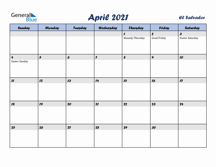 April 2021 Calendar with Holidays in El Salvador