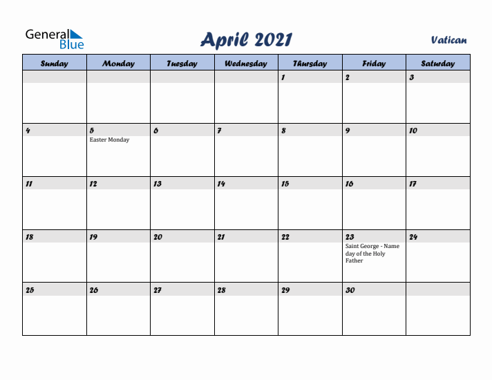 April 2021 Calendar with Holidays in Vatican