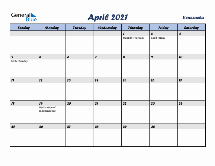 April 2021 Calendar with Holidays in Venezuela