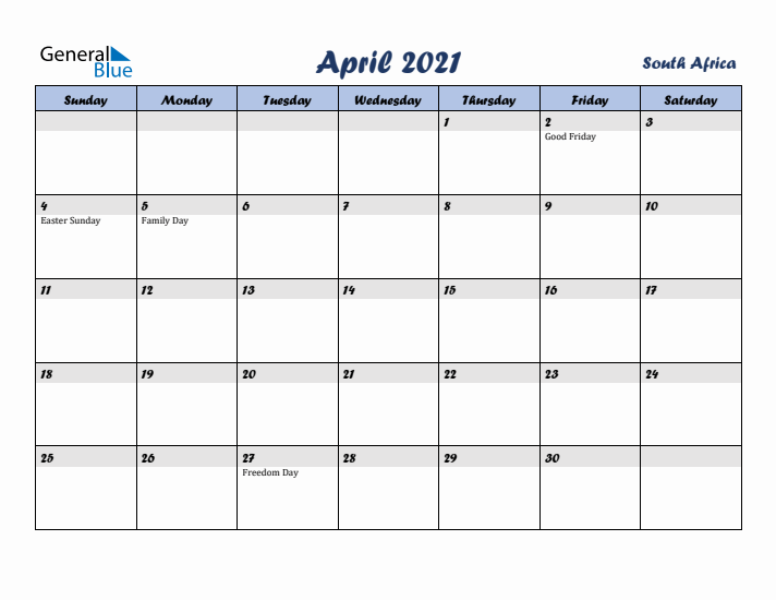April 2021 Calendar with Holidays in South Africa